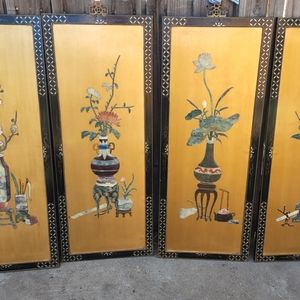Vintage Oriental Asian Gold Four Panel Wall Screens Pictures of Vases w Flowers